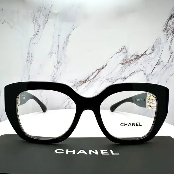 New CHANEL Eyeglasses Black Gold Cat Eye Clear Rotating Pearls 52mm - Picture 5 of 15